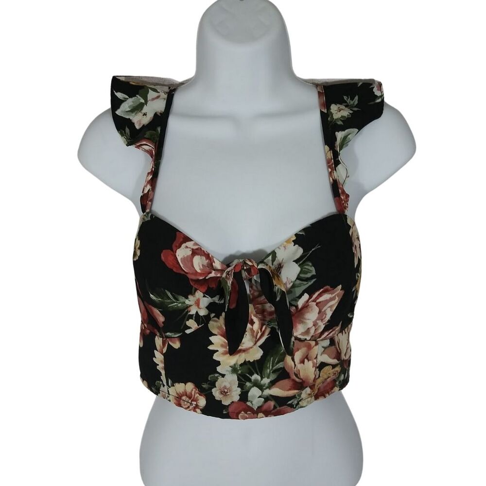Black Floral Key Hole Smocked Back Ruffle Strap Crop Top Grunge Y2K Sz Small